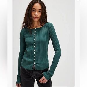 NWT Sold Out Free People Rainforest Green Button-Down Ribbed Cardigan XS